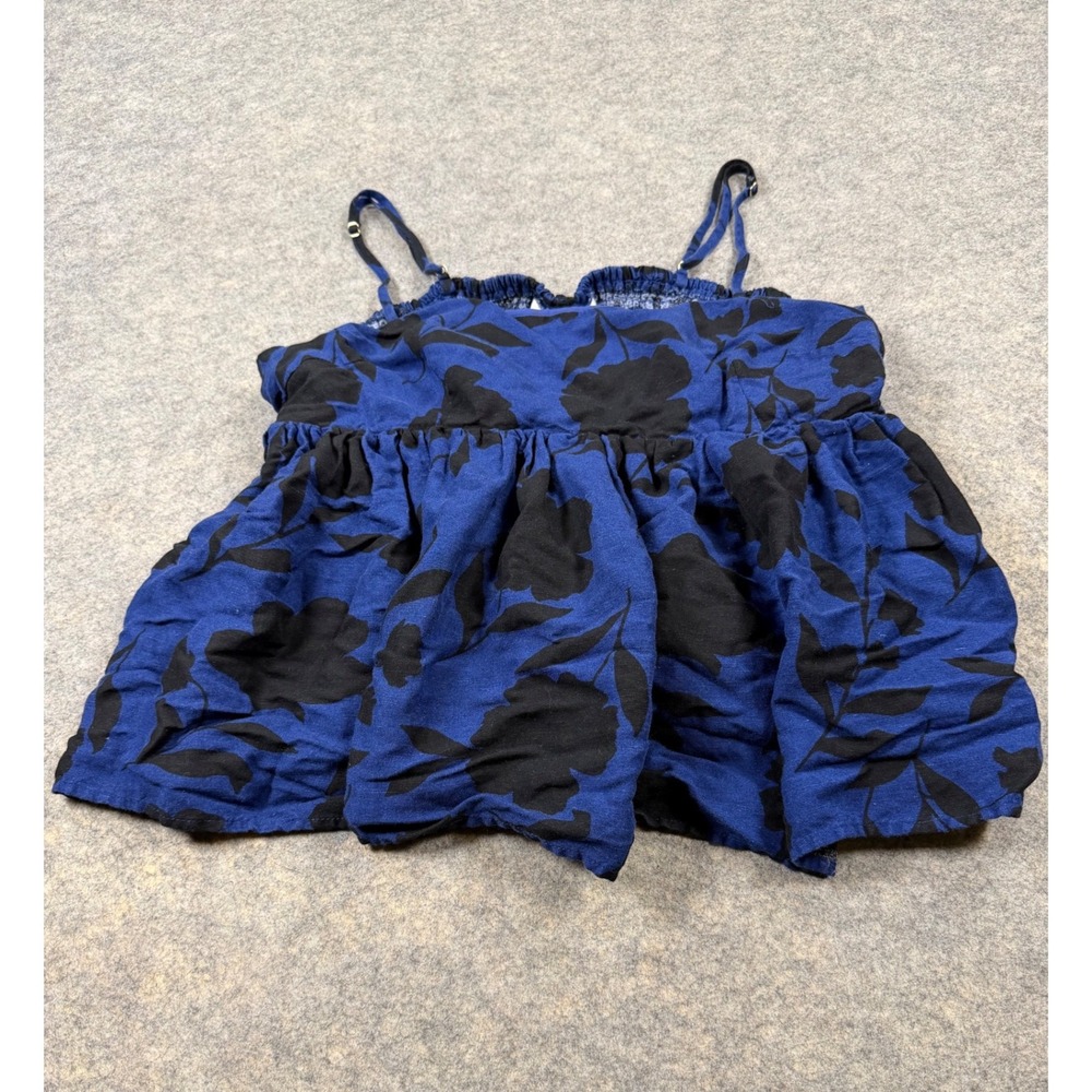 Kate Spade New York Blue Black Floral Smocked Cami Babydoll Top Large